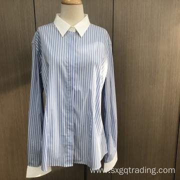 Ladies' yarn dyed stripe long sleeve contrast shirt